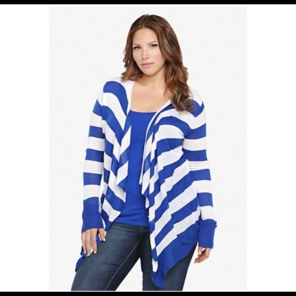 Torrid Blue White Striped Draped Cardigan Sweater